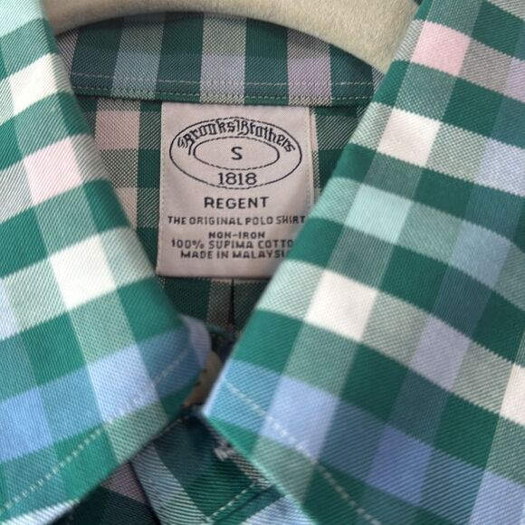 BROOKS BROTHERS GREEN WHITE CHECK REGENT NON-IRON COTTON MEN'S DRESS SHIRT SMALL - Picture 3 of 6